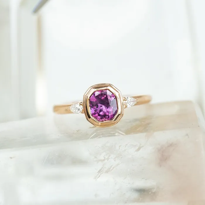 102ct Ruby Pink Sapphire Double Bezel Setting With Pear Diamonds In 14k Rose Gold Anueva Jewelry Earrings