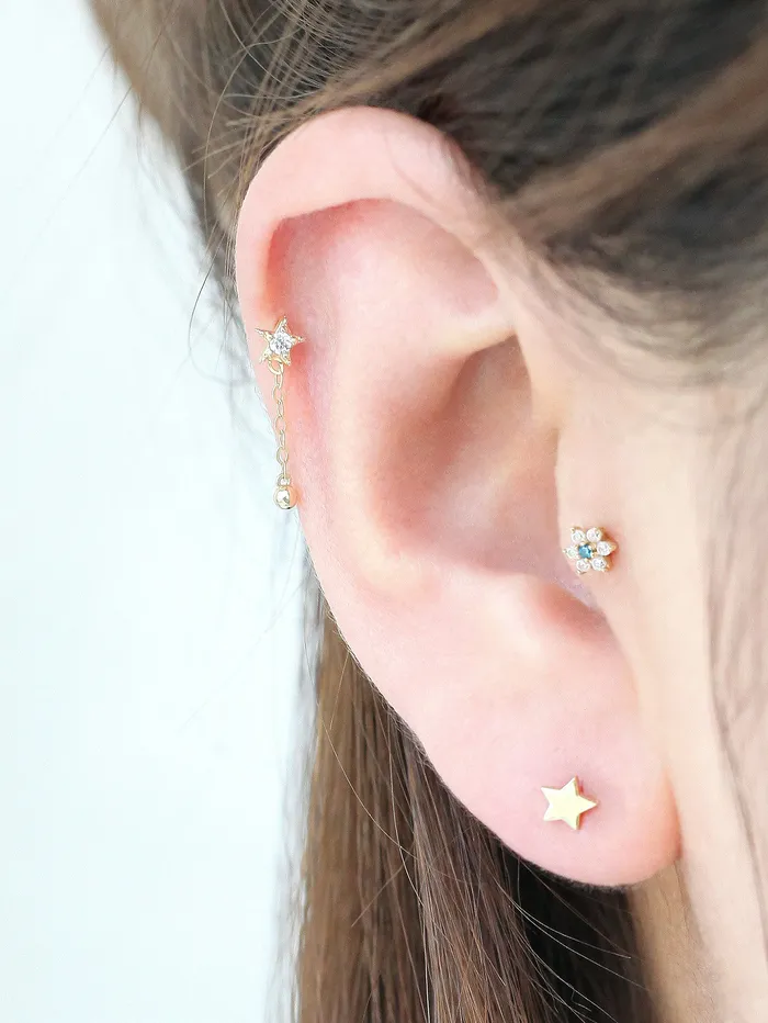 Earrings MinimalBijoux 14K gold Mini Star Drop Chain cartilage earring 20g