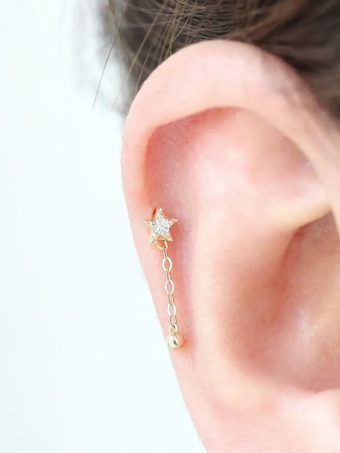 Earrings MinimalBijoux 14K gold Mini Star Drop Chain cartilage earring 20g