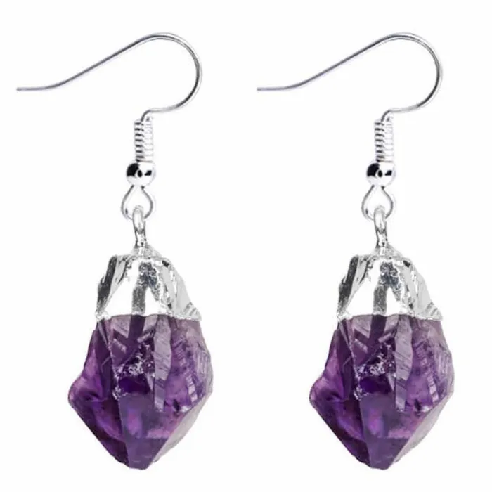 Amethyst Dangling Raw Silver Earrings Magic Crystals Earrings