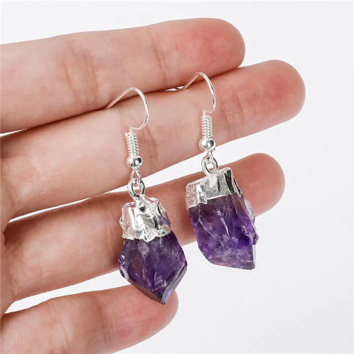 Amethyst Dangling Raw Silver Earrings Magic Crystals Earrings