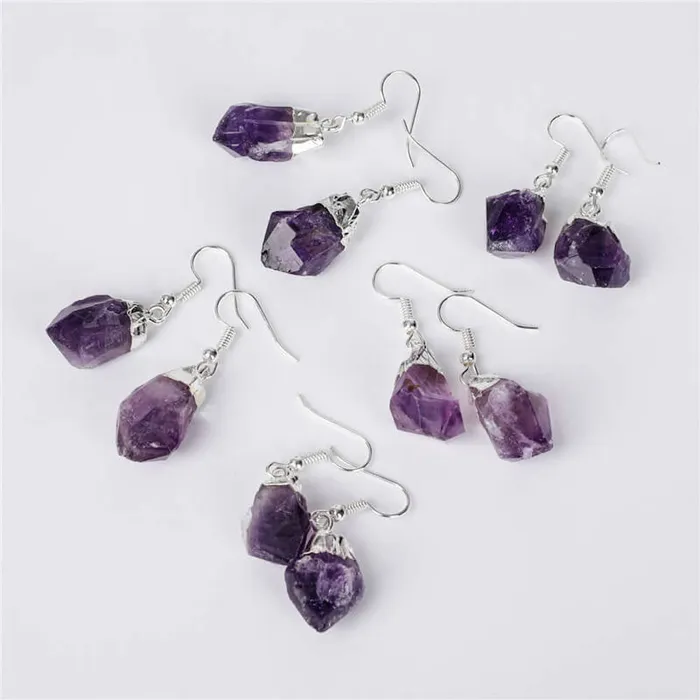 Amethyst Dangling Raw Silver Earrings Magic Crystals Earrings