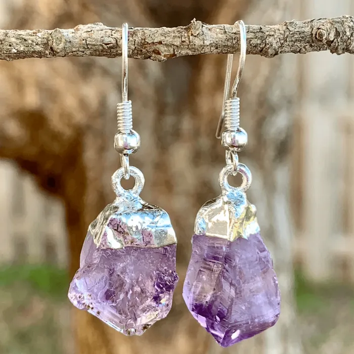 Amethyst Dangling Raw Silver Earrings Magic Crystals Earrings