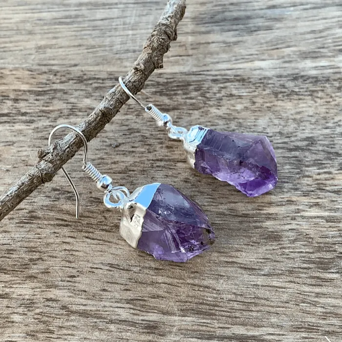 Amethyst Dangling Raw Silver Earrings Magic Crystals Earrings