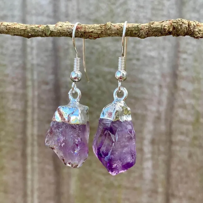 Amethyst Dangling Raw Silver Earrings Magic Crystals Earrings