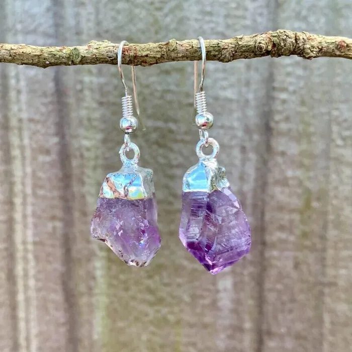 Amethyst Dangling Raw Silver Earrings Magic Crystals Earrings
