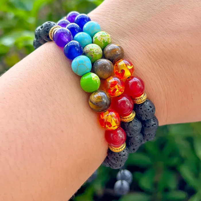Bracelets Magic Crystals Black Lava Stone and 7 Chakra Stretch Bracelet