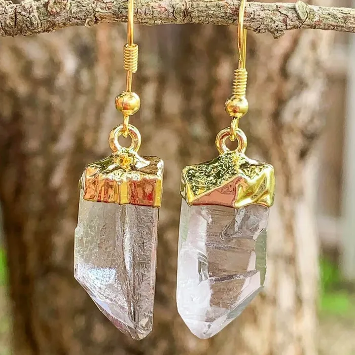 Clear Quartz Raw Golden Earrings Magic Crystals Earrings
