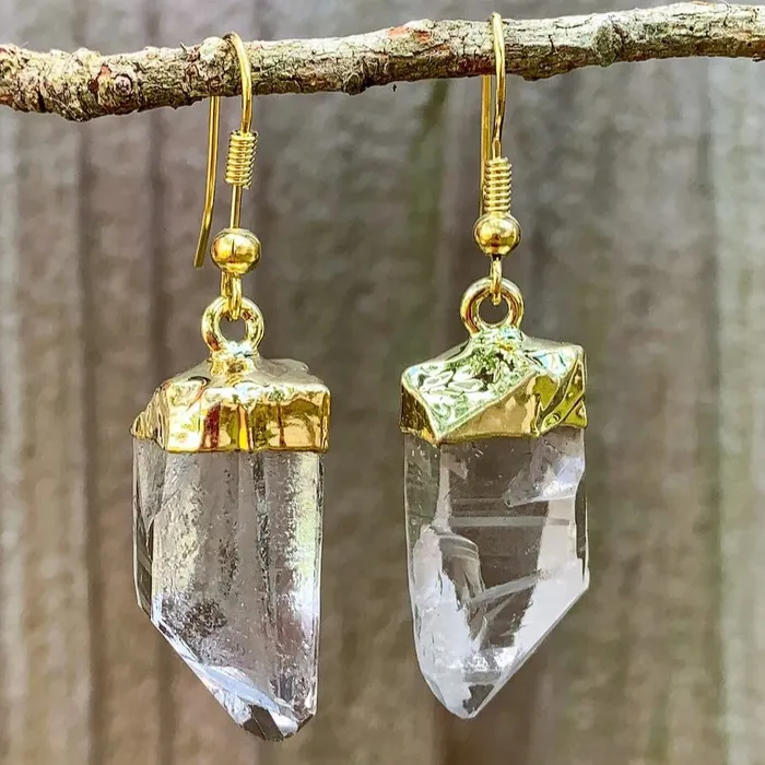 Clear Quartz Raw Golden Earrings Magic Crystals Earrings