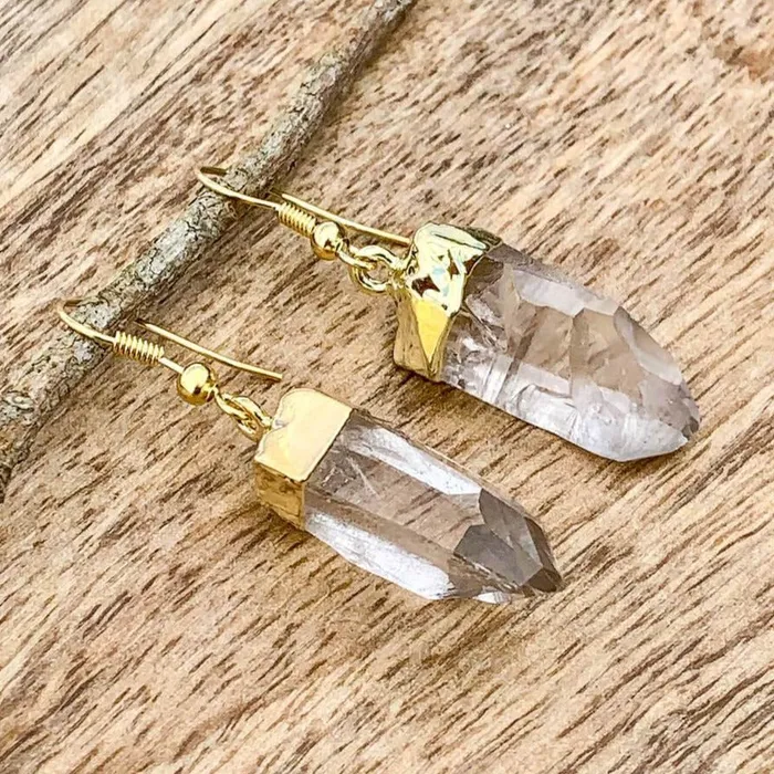 Clear Quartz Raw Golden Earrings Magic Crystals Earrings