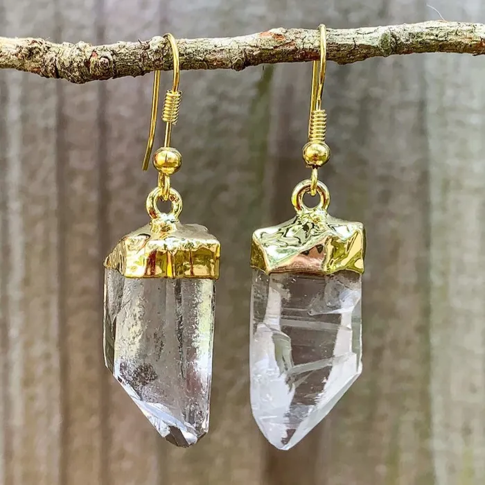Clear Quartz Raw Golden Earrings Magic Crystals Earrings