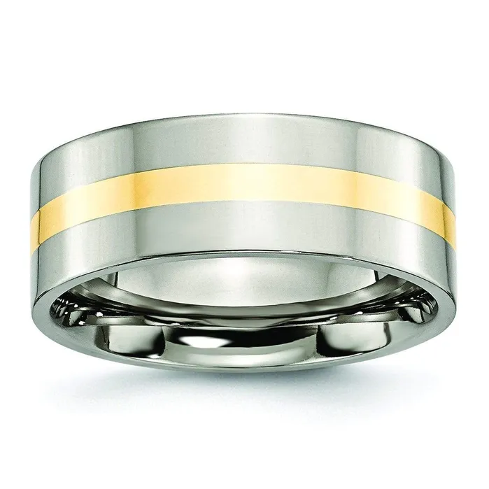 8mm 14k Yellow Gold Inlay Titanium Ring Flat Polished Finish deBebians Rings 8mm 14k Yellow Gold Inlay Titanium Ring Flat Polished Finish deBebians Rings