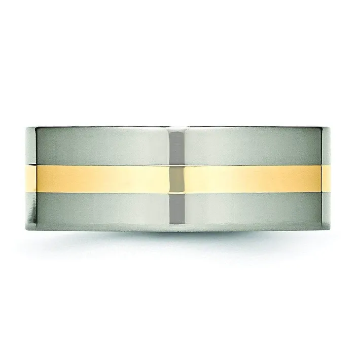 8mm 14k Yellow Gold Inlay Titanium Ring Flat Polished Finish deBebians Rings
