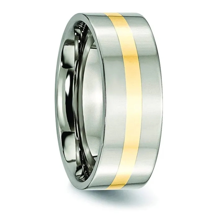8mm 14k Yellow Gold Inlay Titanium Ring Flat Polished Finish deBebians Rings