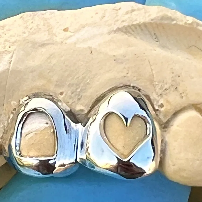 925 Sterling Silver Double Cap Heart Cutout Open Tooth Custom Grillz Bling Cartel Admin Rings