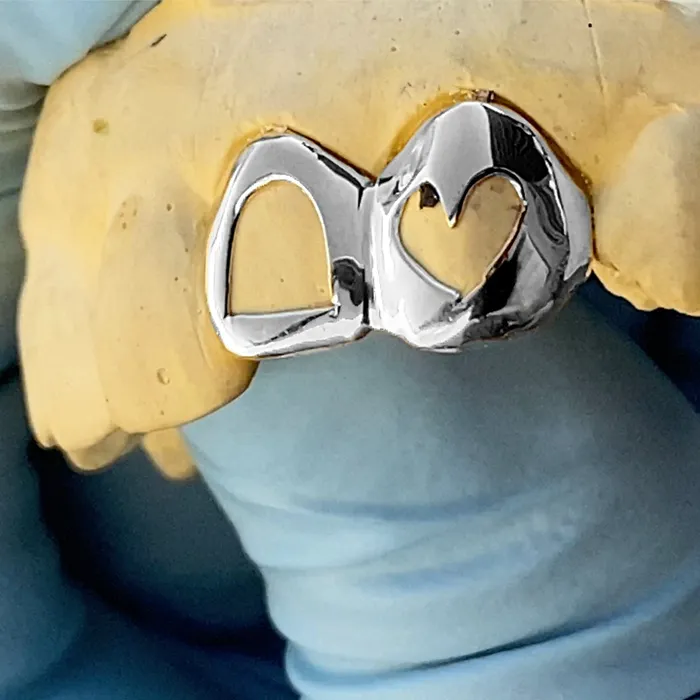 925 Sterling Silver Double Cap Heart Cutout Open Tooth Custom Grillz Bling Cartel Admin Rings