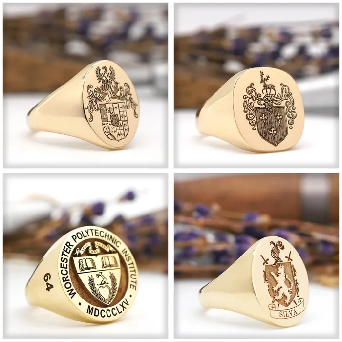 deBebians Rings Mens Round Signet Ring Small Laser Engraved Family Crest Logo