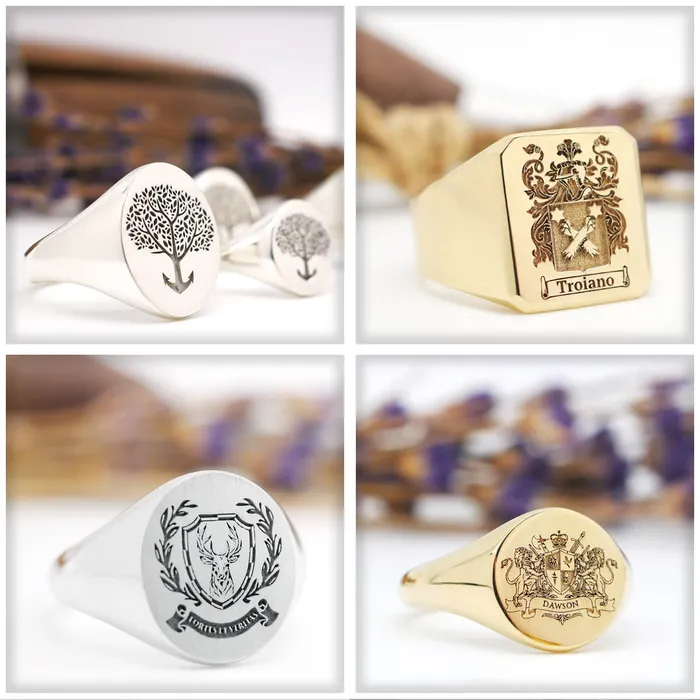 deBebians Rings Mens Round Signet Ring Small Laser Engraved Family Crest Logo