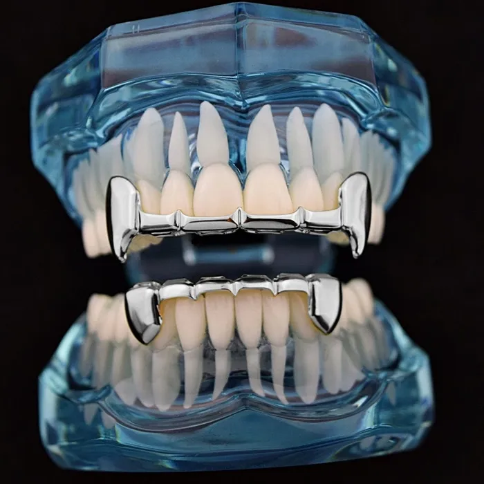 Rings Bling Cartel Admin Silver Tone Vampire Fangs Half Teeth Grillz Set