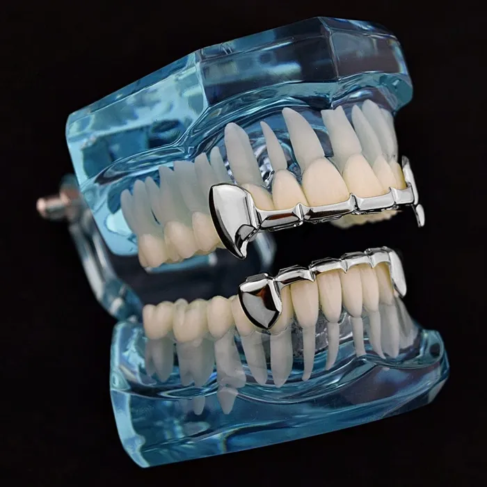 Rings Bling Cartel Admin Silver Tone Vampire Fangs Half Teeth Grillz Set