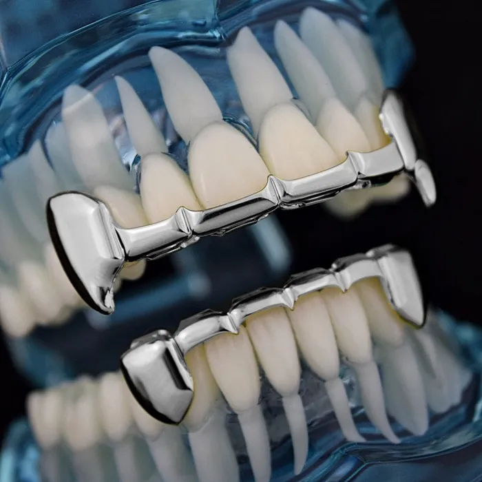 Rings Bling Cartel Admin Silver Tone Vampire Fangs Half Teeth Grillz Set