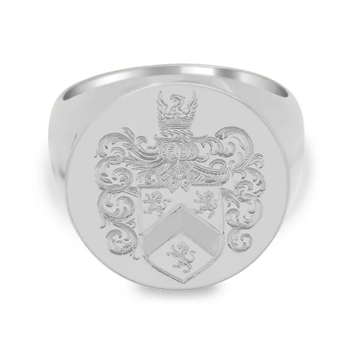 Rings deBebians Mens Round Signet Ring Extra Large Hand Engraved Family Crest Logo