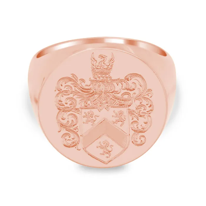 Rings deBebians Mens Round Signet Ring Extra Large Hand Engraved Family Crest Logo