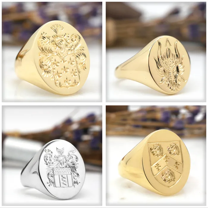 Rings deBebians Mens Round Signet Ring Extra Large Hand Engraved Family Crest Logo
