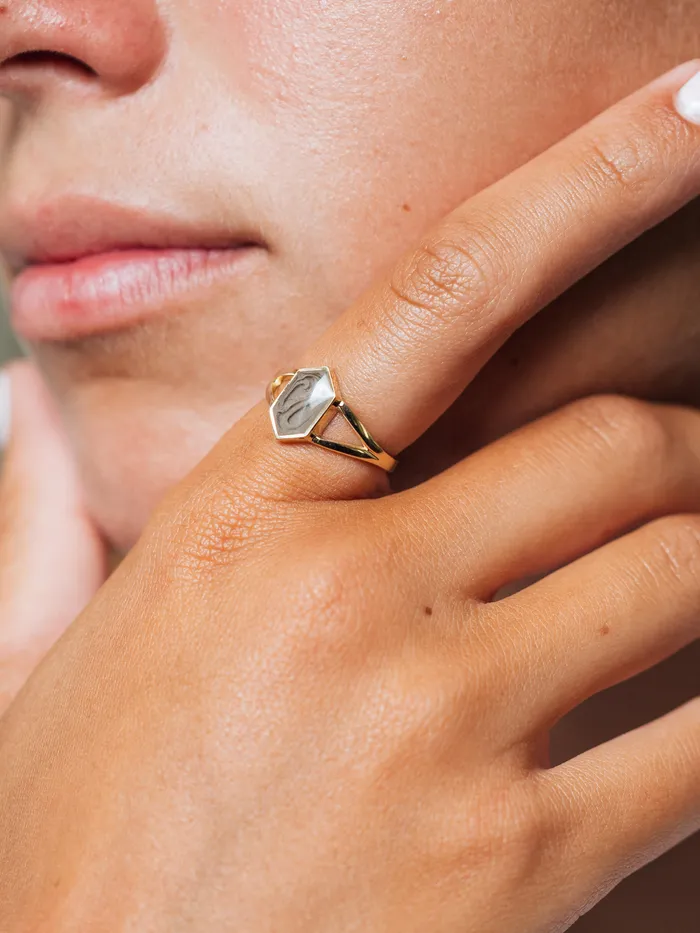 Rings Hexagon Split Shank Cremation Ring in 14K Rose Gold closebymejewelry