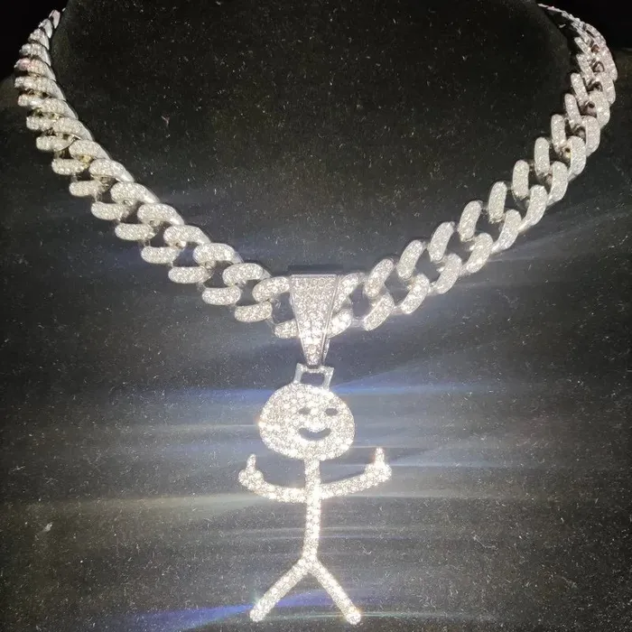 VVS Jewelry Necklaces Iced Out Stickman Middle Finger Cuban Necklace Funny HipHop Pendant