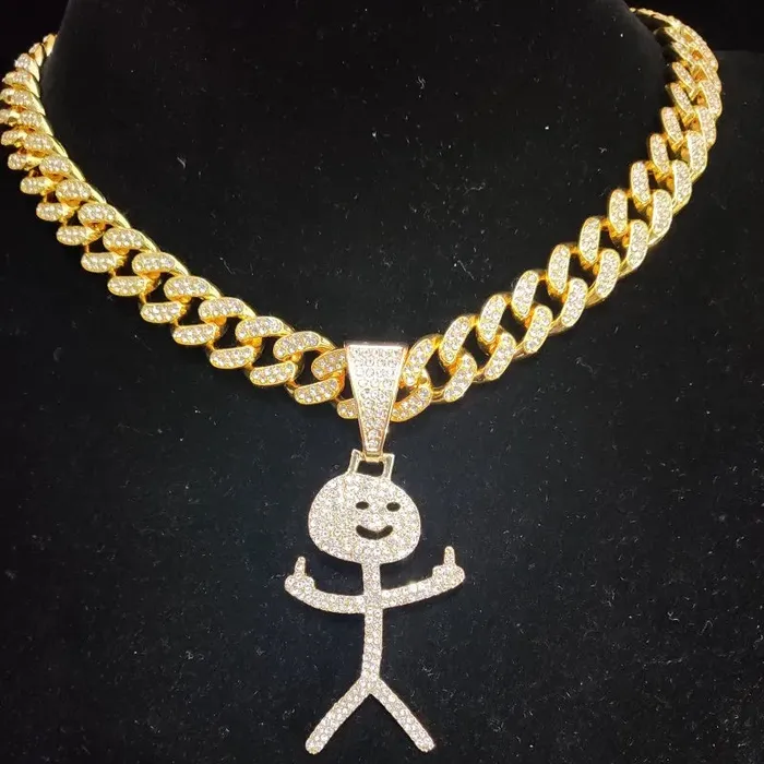 VVS Jewelry Necklaces Iced Out Stickman Middle Finger Cuban Necklace Funny HipHop Pendant