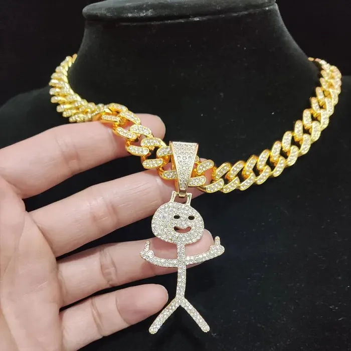 VVS Jewelry Necklaces Iced Out Stickman Middle Finger Cuban Necklace Funny HipHop Pendant