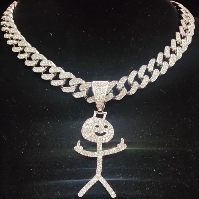 VVS Jewelry Necklaces Iced Out Stickman Middle Finger Cuban Necklace Funny HipHop Pendant