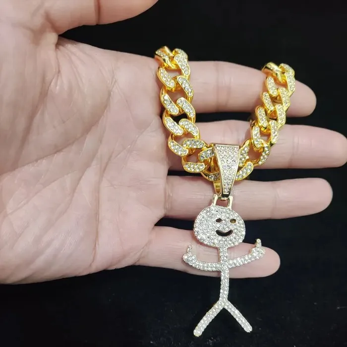 VVS Jewelry Necklaces Iced Out Stickman Middle Finger Cuban Necklace Funny HipHop Pendant
