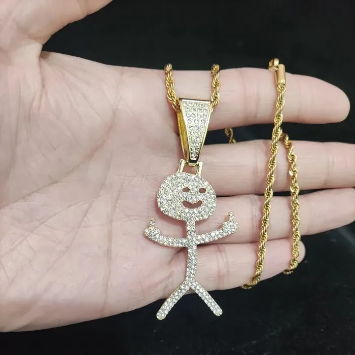 VVS Jewelry Necklaces Iced Out Stickman Middle Finger Cuban Necklace Funny HipHop Pendant