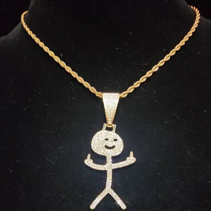 VVS Jewelry Necklaces Iced Out Stickman Middle Finger Cuban Necklace Funny HipHop Pendant