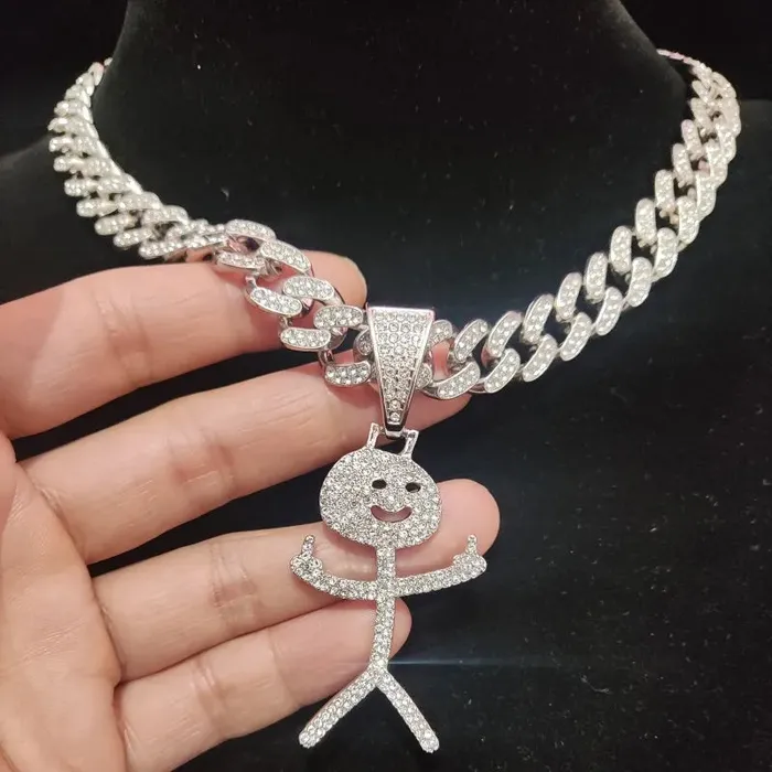 VVS Jewelry Necklaces Iced Out Stickman Middle Finger Cuban Necklace Funny HipHop Pendant