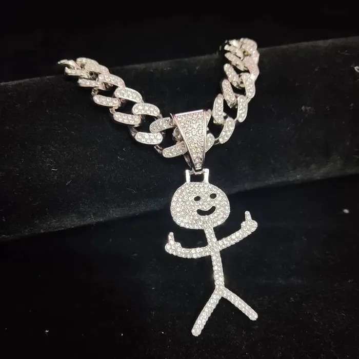 VVS Jewelry Necklaces Iced Out Stickman Middle Finger Cuban Necklace Funny HipHop Pendant