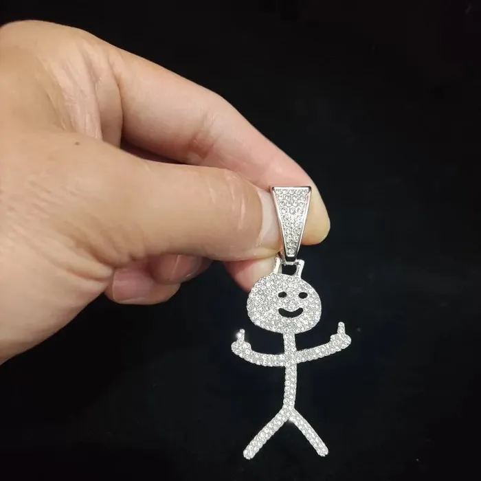 VVS Jewelry Necklaces Iced Out Stickman Middle Finger Cuban Necklace Funny HipHop Pendant