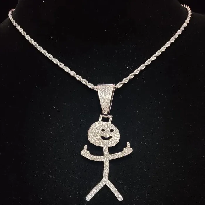 VVS Jewelry Necklaces Iced Out Stickman Middle Finger Cuban Necklace Funny HipHop Pendant