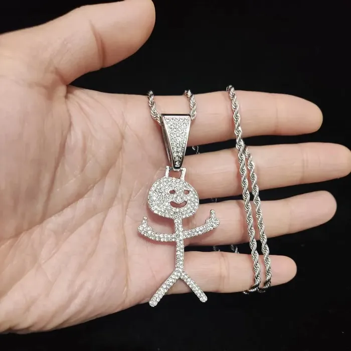VVS Jewelry Necklaces Iced Out Stickman Middle Finger Cuban Necklace Funny HipHop Pendant