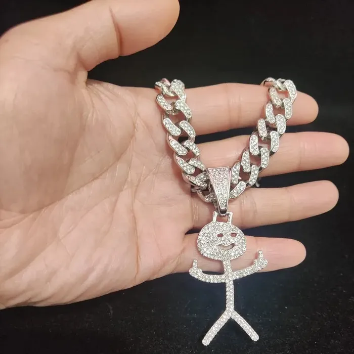 VVS Jewelry Necklaces Iced Out Stickman Middle Finger Cuban Necklace Funny HipHop Pendant