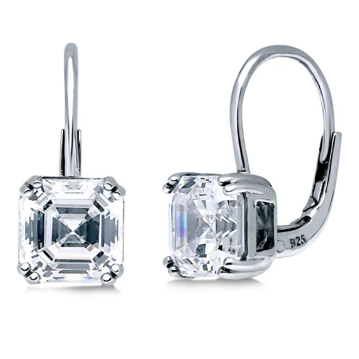 BERRICLE Earrings Solitaire 4ct Asscher CZ Leverback Earrings in Sterling Silver