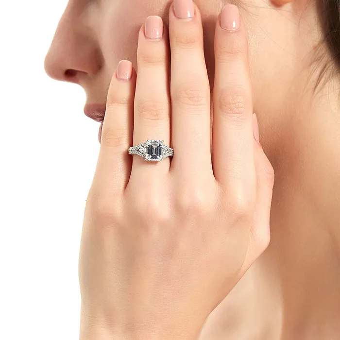 BERRICLE Rings 3Stone 26ct Emerald Cut CZ Split Shank Ring in Sterling Silver