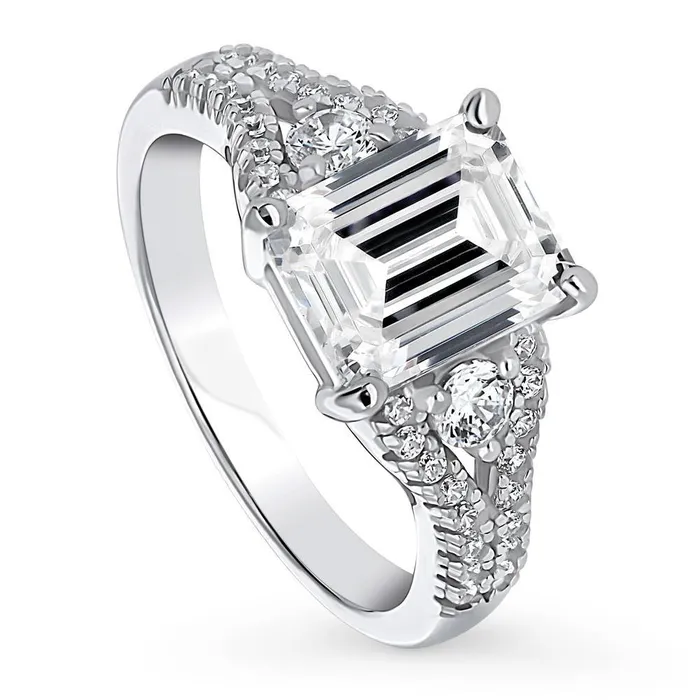 BERRICLE Rings 3Stone 26ct Emerald Cut CZ Split Shank Ring in Sterling Silver