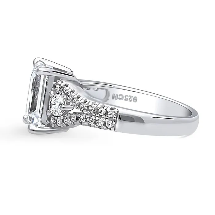 BERRICLE Rings 3Stone 26ct Emerald Cut CZ Split Shank Ring in Sterling Silver