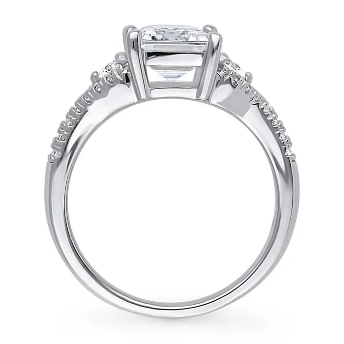 BERRICLE Rings 3Stone 26ct Emerald Cut CZ Split Shank Ring in Sterling Silver