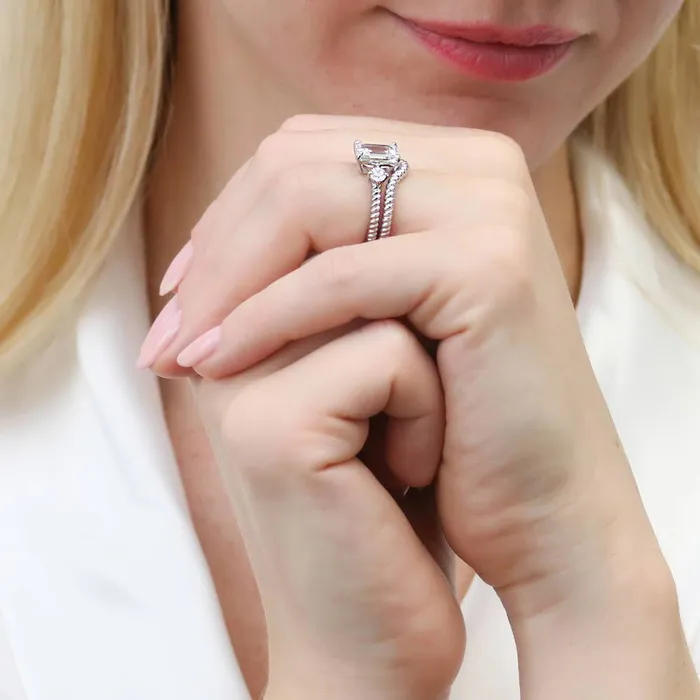 BERRICLE Rings 3Stone Woven 26ct Emerald Cut CZ Ring Set in Sterling Silver