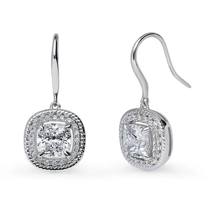 Earrings Halo Woven Cushion CZ Fish Hook Earrings in Sterling Silver BERRICLE Earrings Halo Woven Cushion CZ Fish Hook Earrings in Sterling Silver BERRICLE