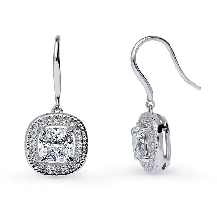 Earrings Halo Woven Cushion CZ Fish Hook Earrings in Sterling Silver BERRICLE